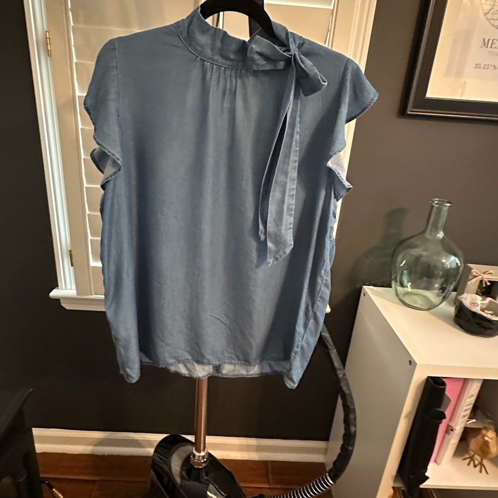 Ann Taylor Blue Cap Sleeve Tie Front Blouse